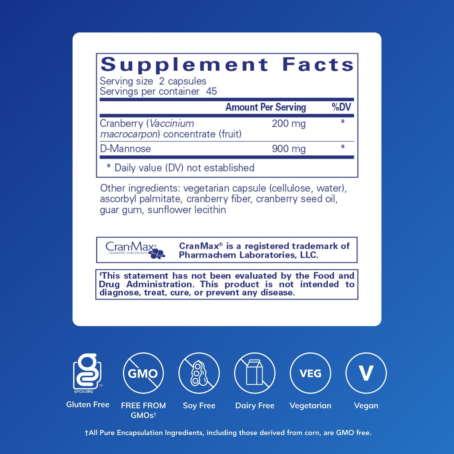 Pure Encapsulations Cranberry D-Mannose supplement facts label showing ingredient details