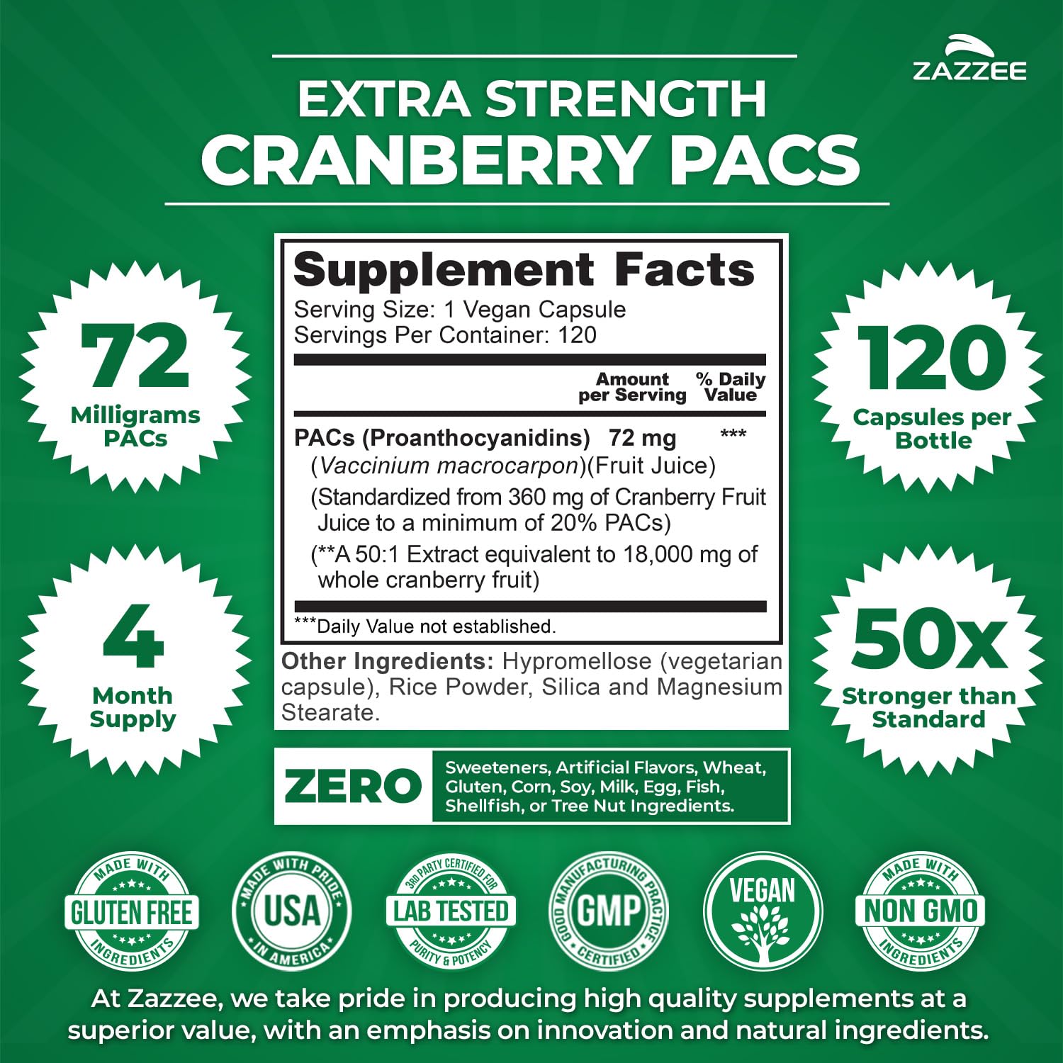 Zazzee Extra Strength Cranberry PACs 120 Capsules Supplement Facts