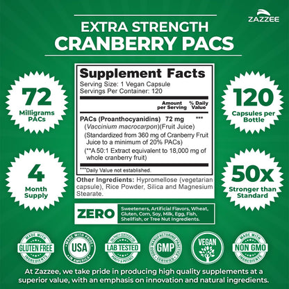 Zazzee Extra Strength Cranberry PACs 120 Capsules Supplement Facts