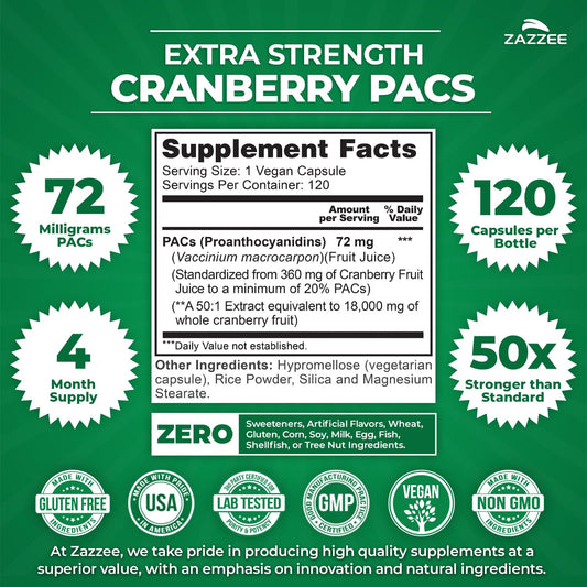 Zazzee Extra Strength Cranberry PACs 120 Capsules Supplement Facts