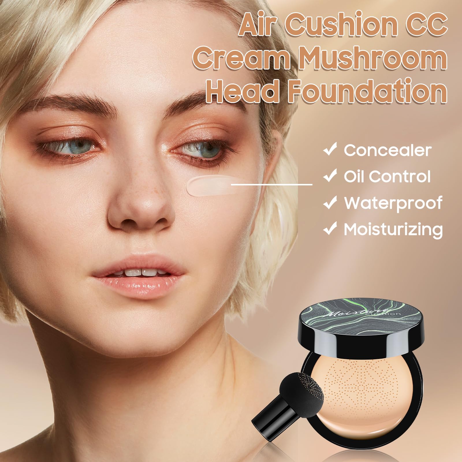 Mushroom head sponge applicator expanding after being dipped in water for smooth liquid foundation blending.