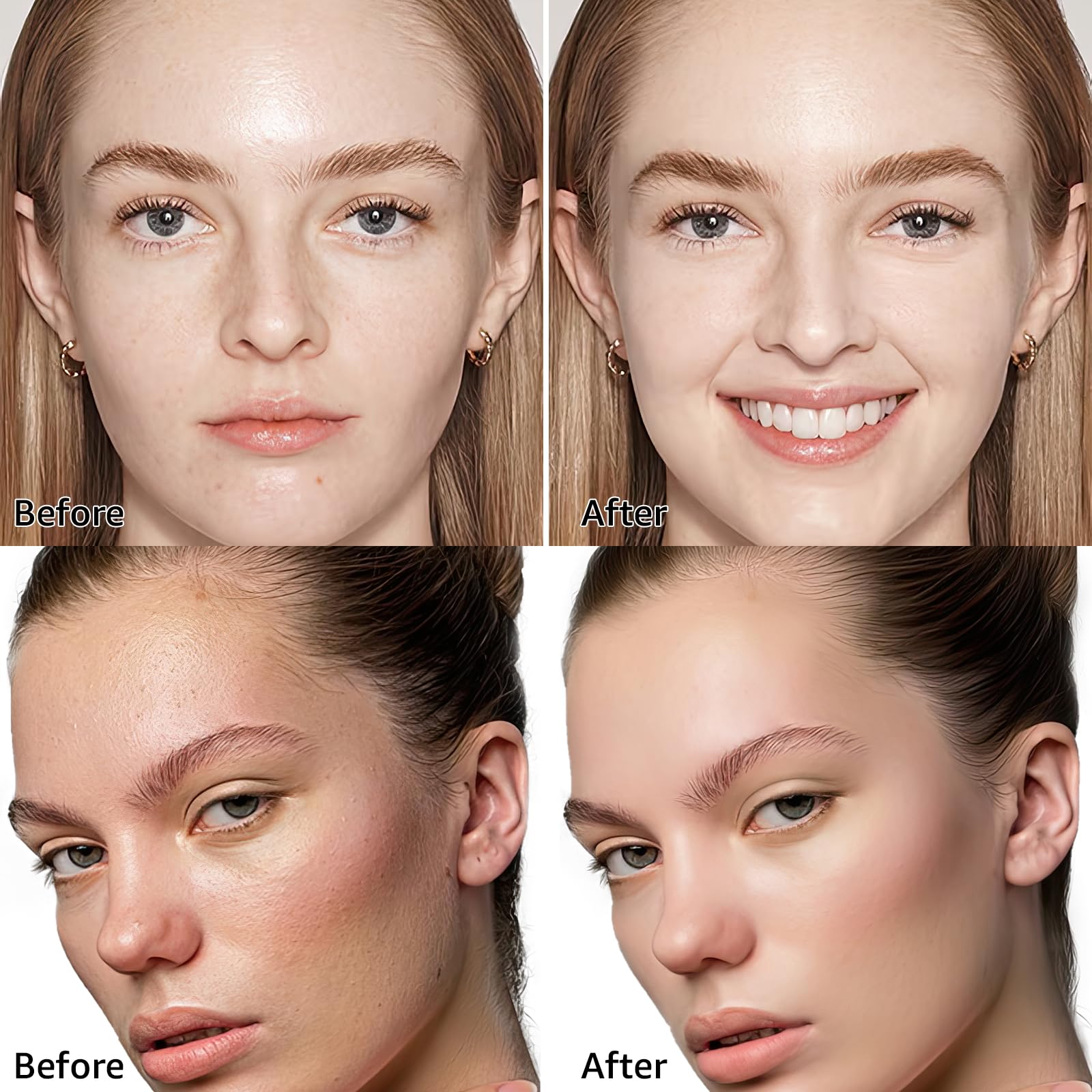 Before and after comparison demonstrating the full coverage and concealing power on uneven skin tone.