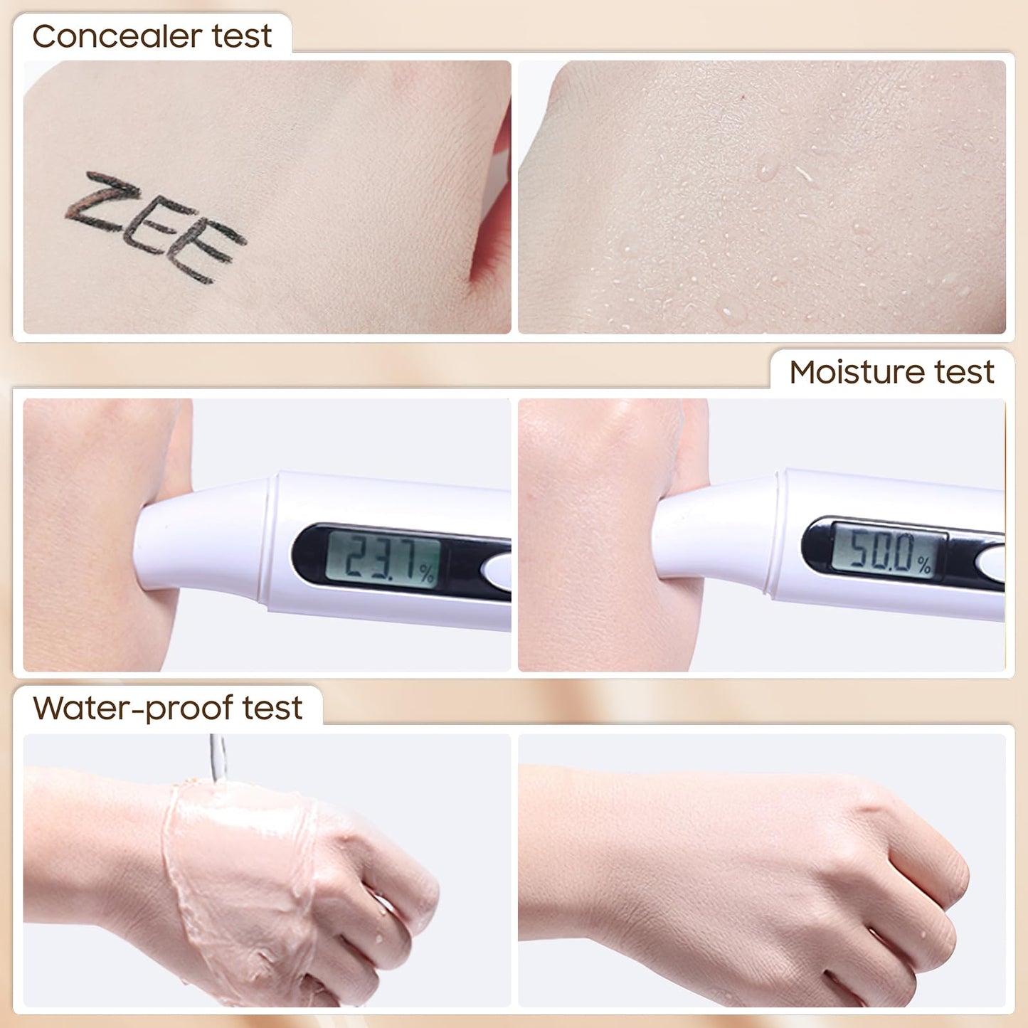Waterproof testing showing water droplets bouncing off the long lasting matte makeup base.