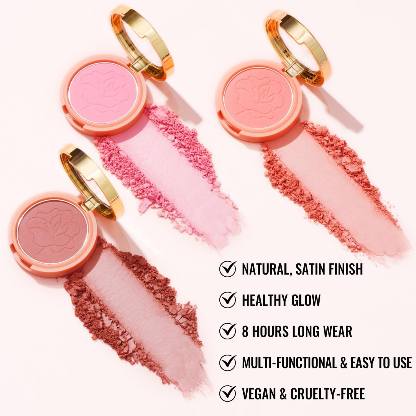Oulac cosmetics matte purple blush mono compact container displaying the vegan and cruelty free rose oil formula
