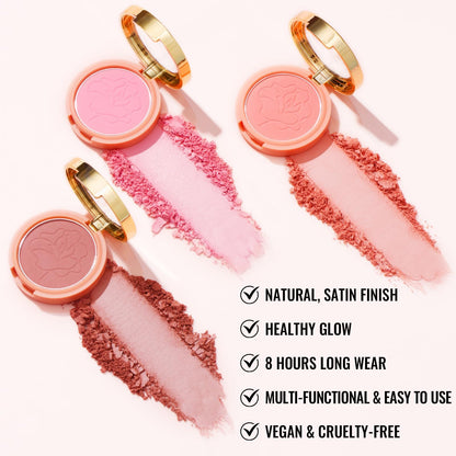 Oulac cosmetics matte purple blush mono compact container displaying the vegan and cruelty free rose oil formula