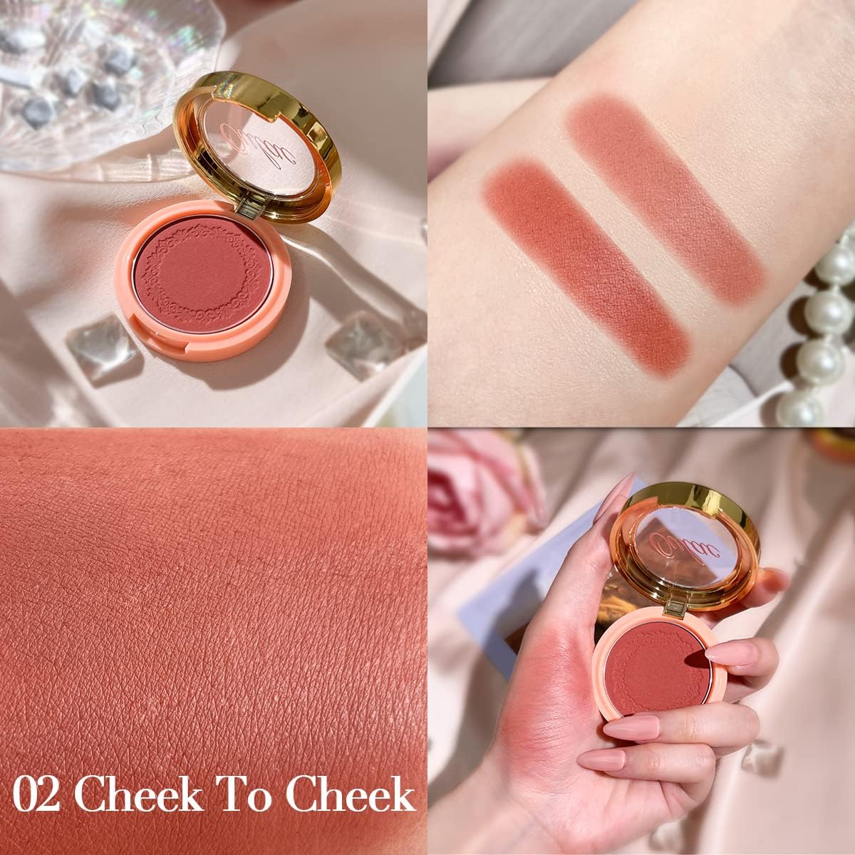 Close up view of the silky fine micronized texture of Oulac pastel lilac blush for cheeks