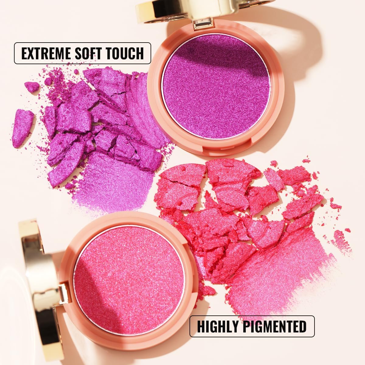 Waterproof and sweat resistant lavender purple cream to powder blush compact showing long lasting texture details