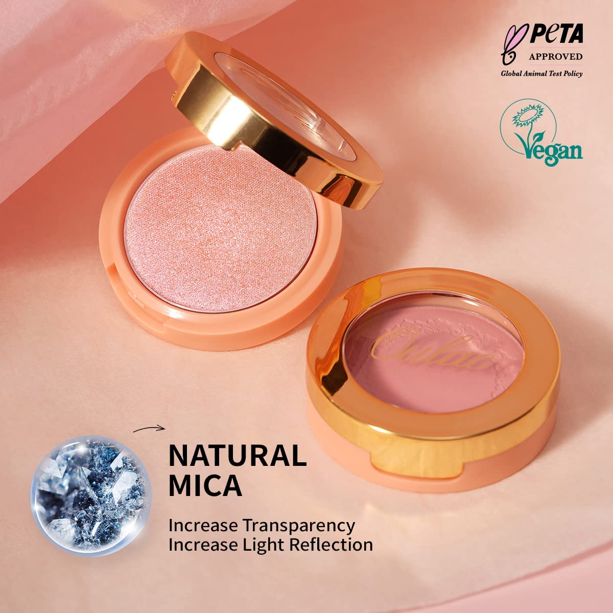 Oulac shade twenty believe matte lavender makeup blusher lifestyle shot next to its authentic premium packaging