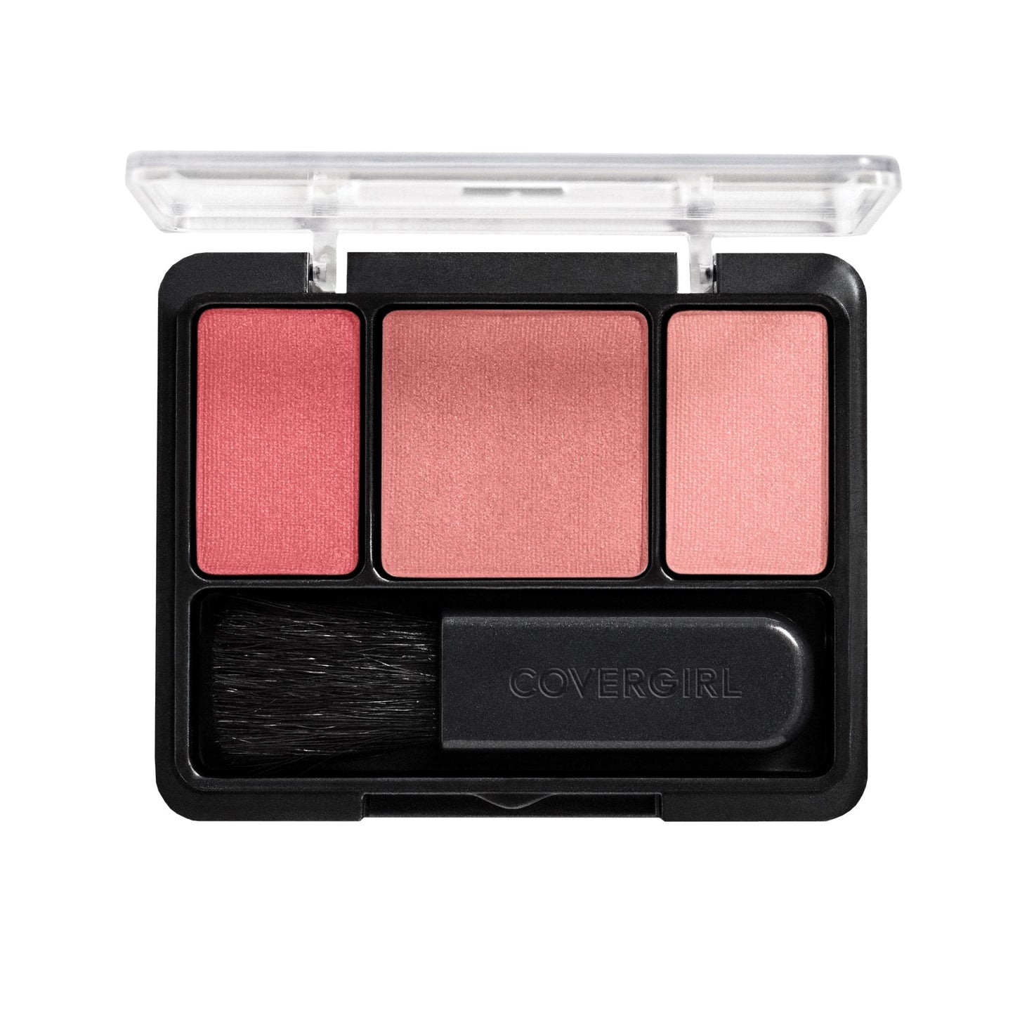 Close up view of the three-in-one pink powder shades inside the authentic COVERGIRL blush packaging.