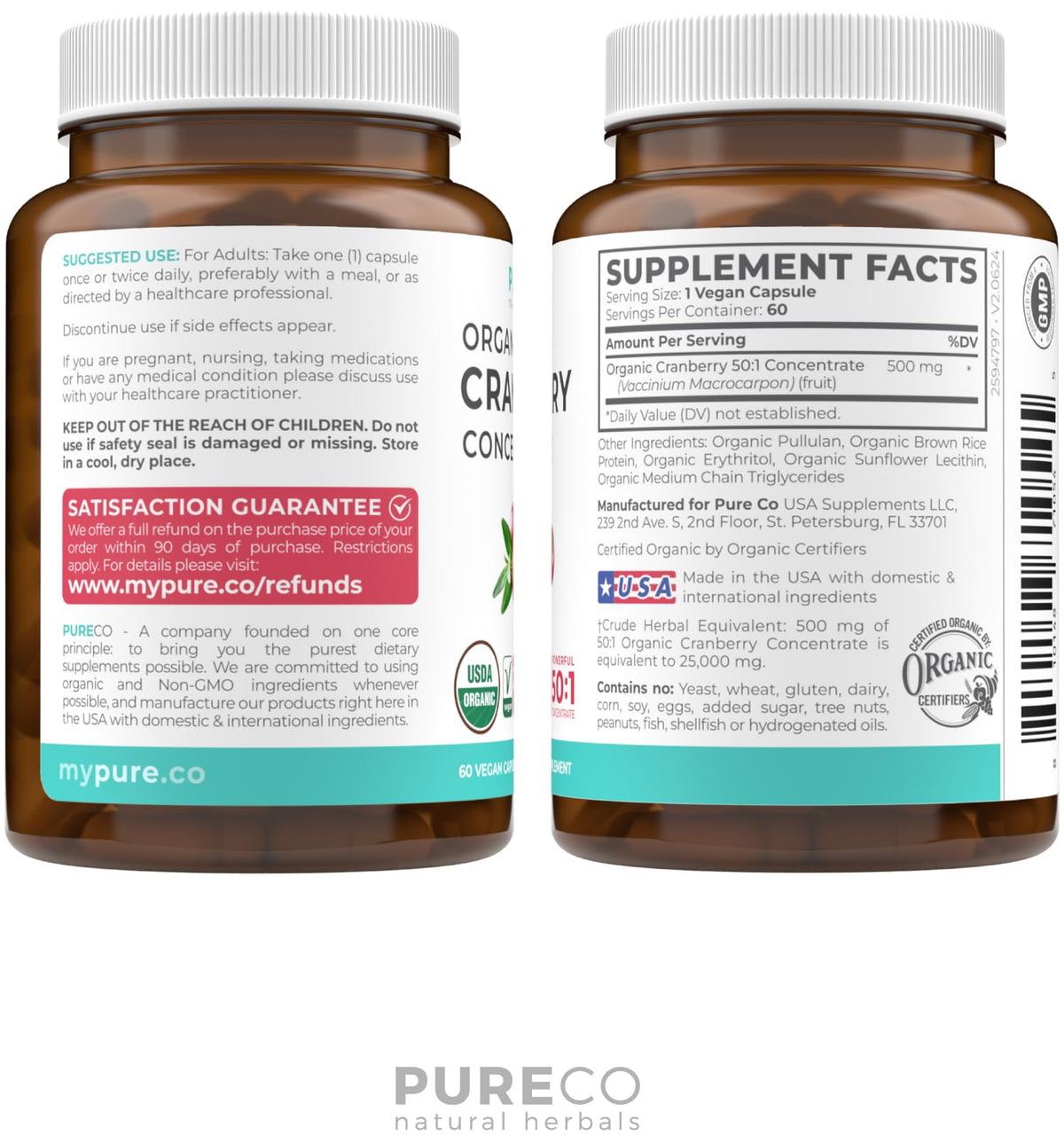 Pure Co Organic Cranberry 60 Veggie Capsules Package