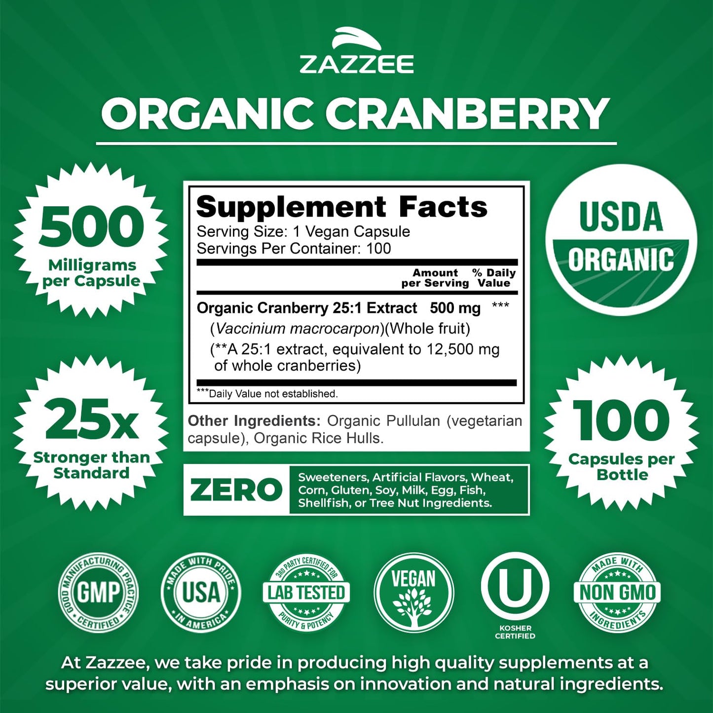 Zazzee USDA Organic Cranberry Vegan Capsules Bottle Back