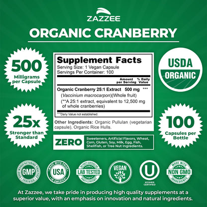 Zazzee USDA Organic Cranberry Vegan Capsules Bottle Back