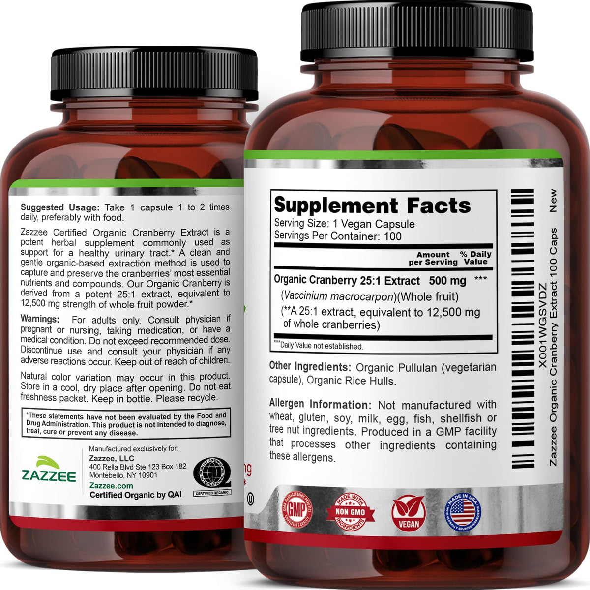 Zazzee Organic Cranberry 100 Capsules Premium Packaging