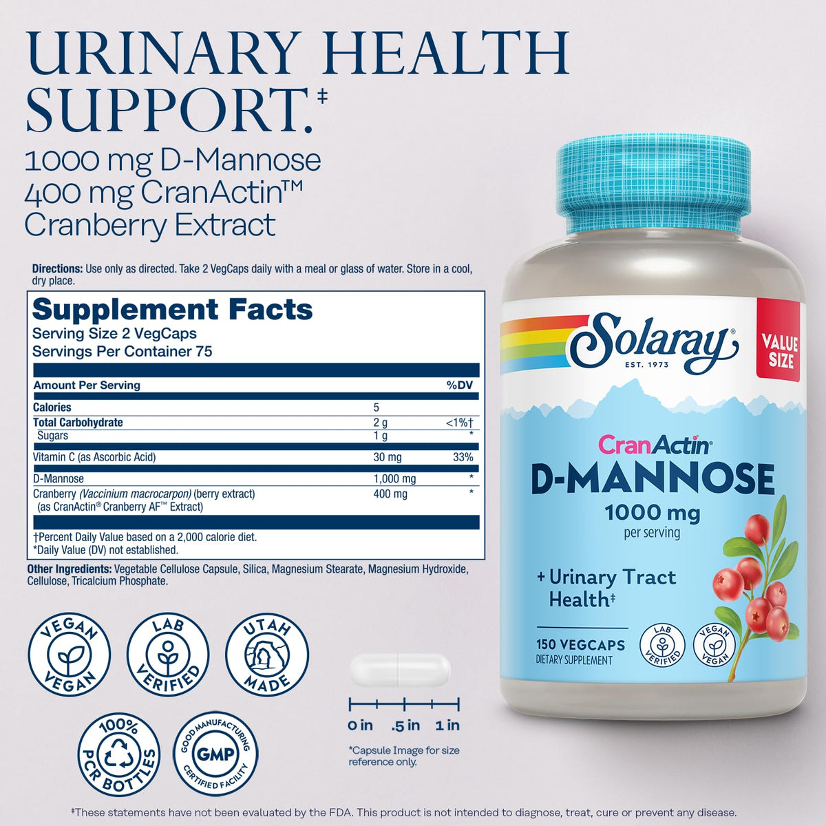 Solaray D-Mannose 150 Vegetarian Capsules Supplement Facts Label
