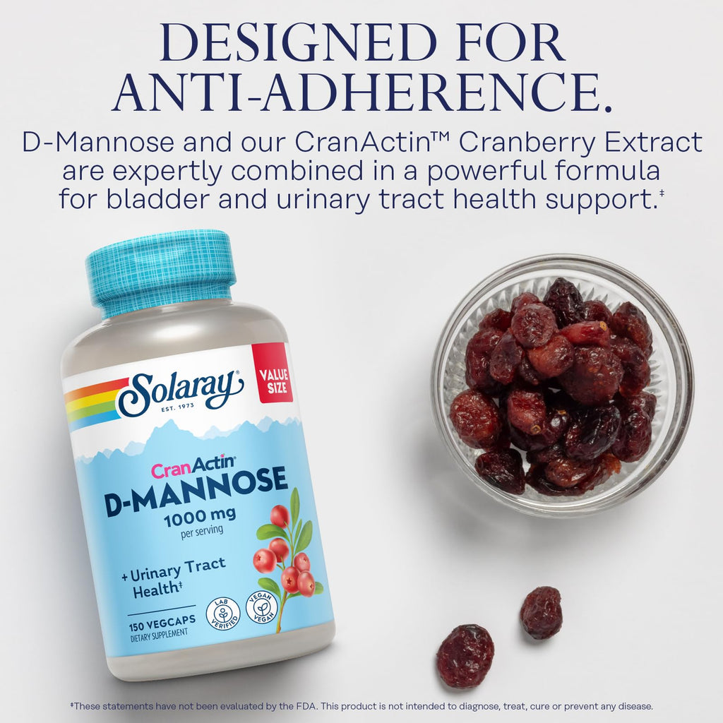 Solaray D-Mannose With CranActin Vegan Capsules Bottle Close Up