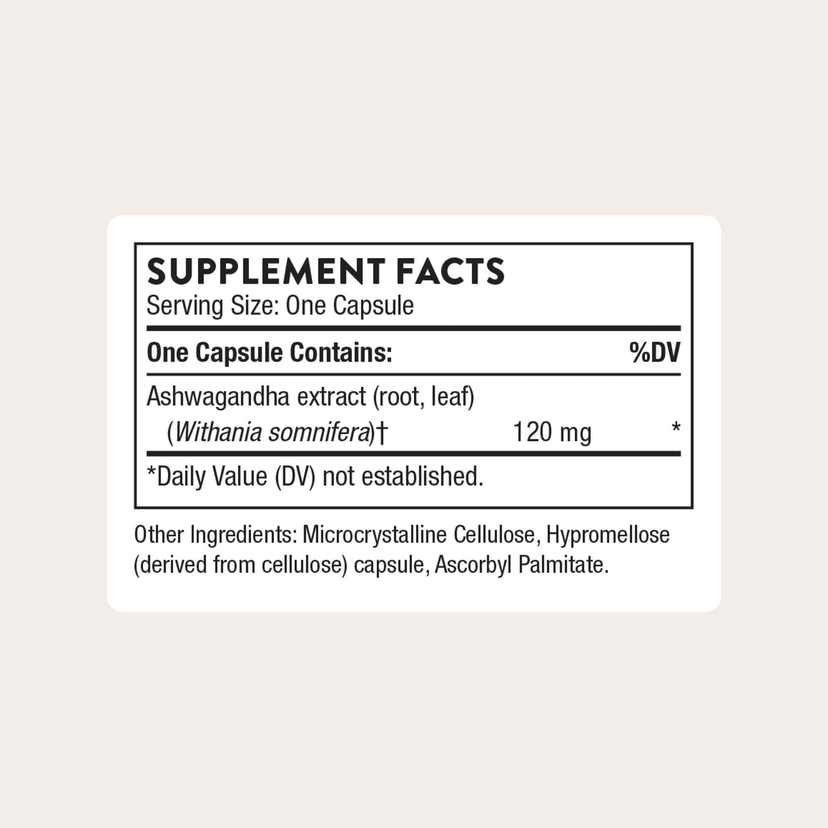 Thorne Ashwagandha 30 capsules bottle side profile
