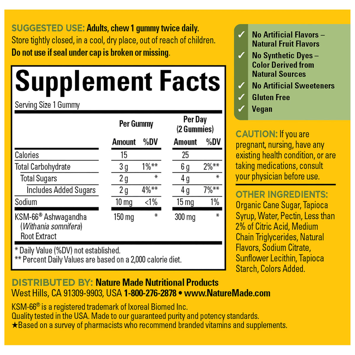 Nature Made Ashwagandha KSM66 dietary supplement bottle held in hand showing size