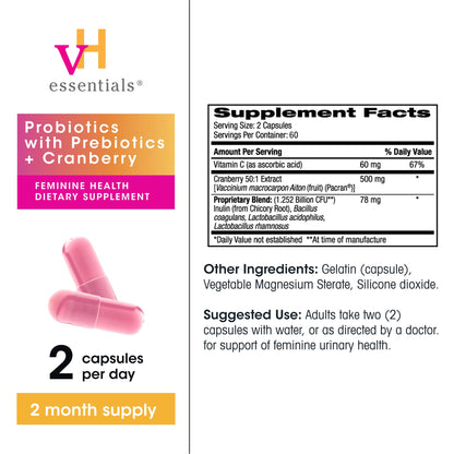 VH Essentials Women Probiotics With Prebiotics And Cranberry Back Label