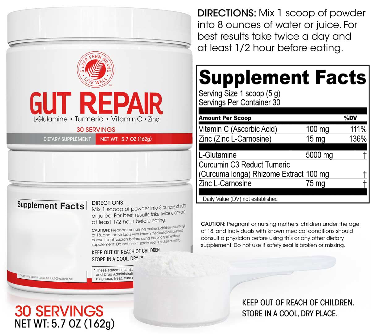 Silver Fern digestive health powder 5.7 ounces label details