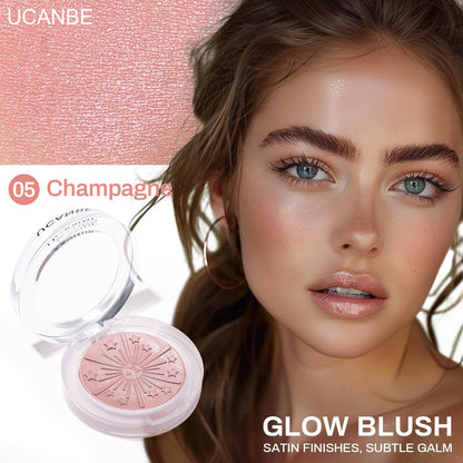 UCANBE Glow Blushing Palette open transparent packaging revealing light pink shimmering blush powder