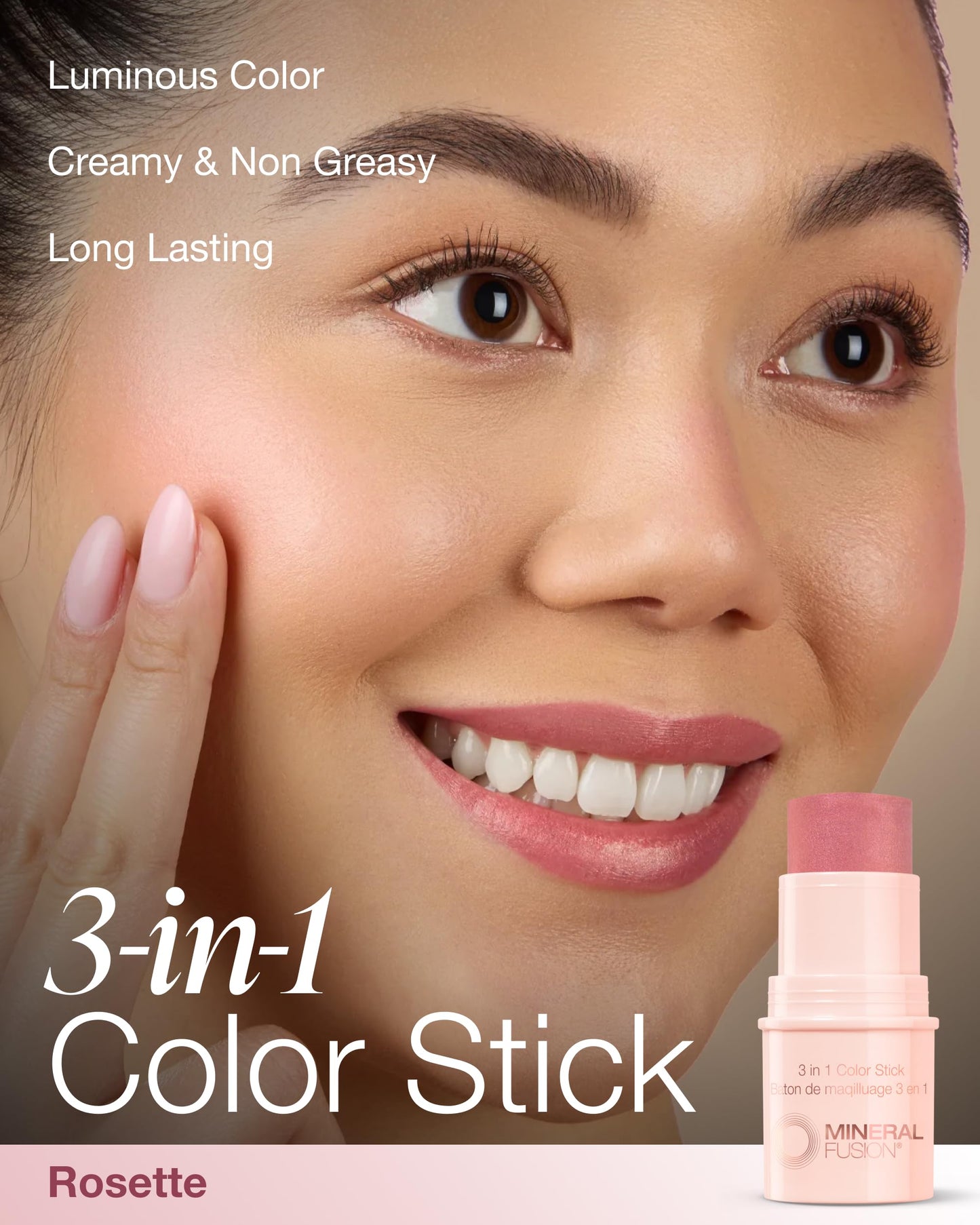 Mineral Fusion multi-use makeup stick in Rosette applied on cheeks for a natural blush.