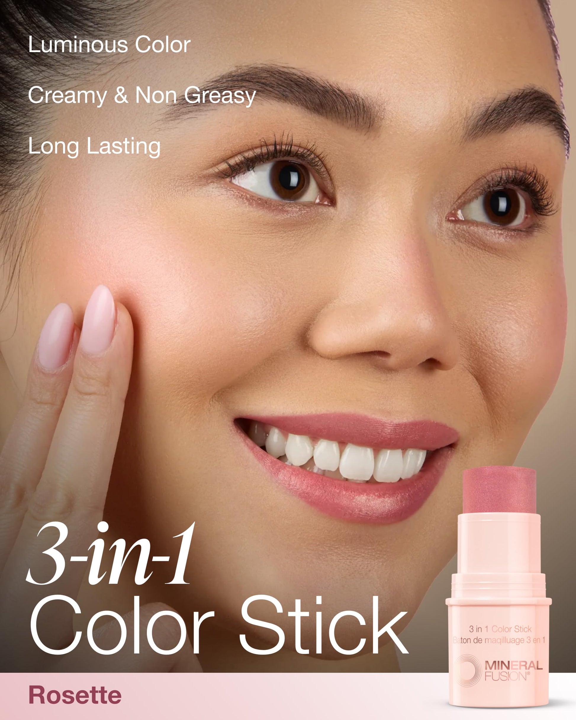 Mineral Fusion multi-use makeup stick in Rosette applied on cheeks for a natural blush.