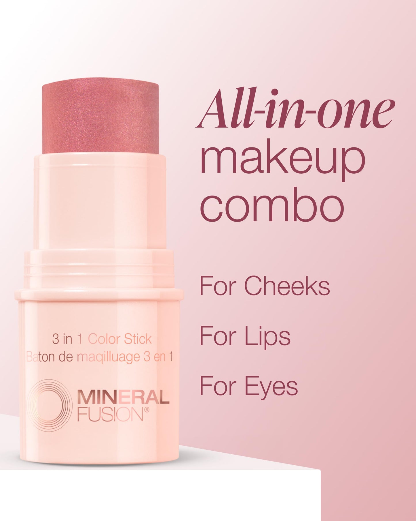 Vegan and hypoallergenic cream blush stick packaging details and product size.