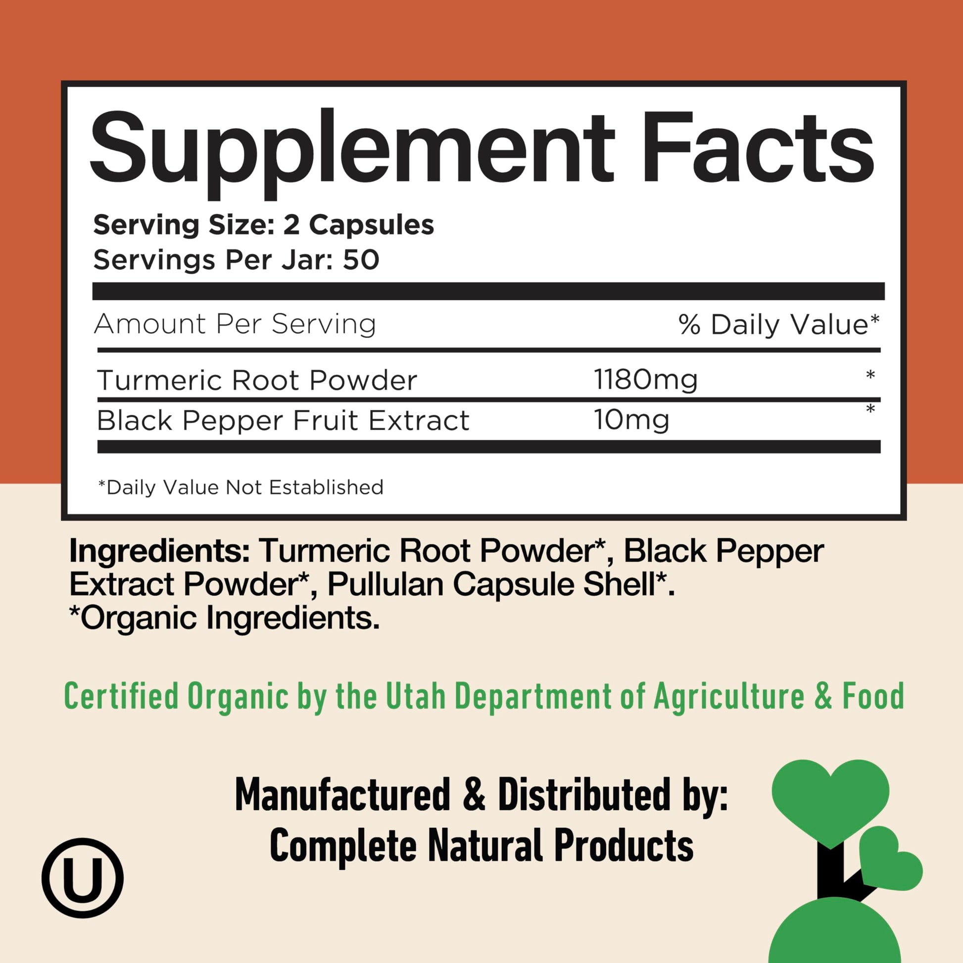 Side profile of Complete Natural Products turmeric supplement bottle