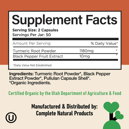 Side profile of Complete Natural Products turmeric supplement bottle