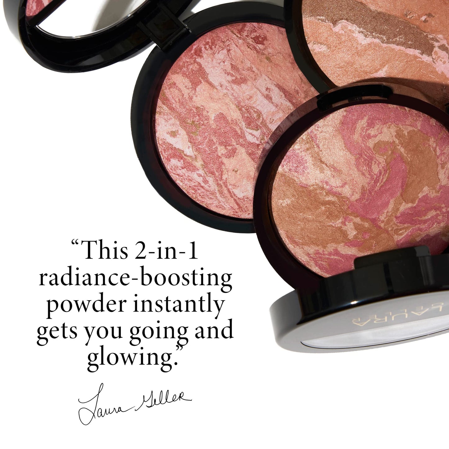 Laura Geller Rose Bronze marbleized powder on a plain background showing packaging details