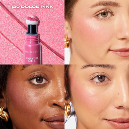 Milani hybrid highlighting liquid blush packaging and bottle displaying the luminous pink formula texture