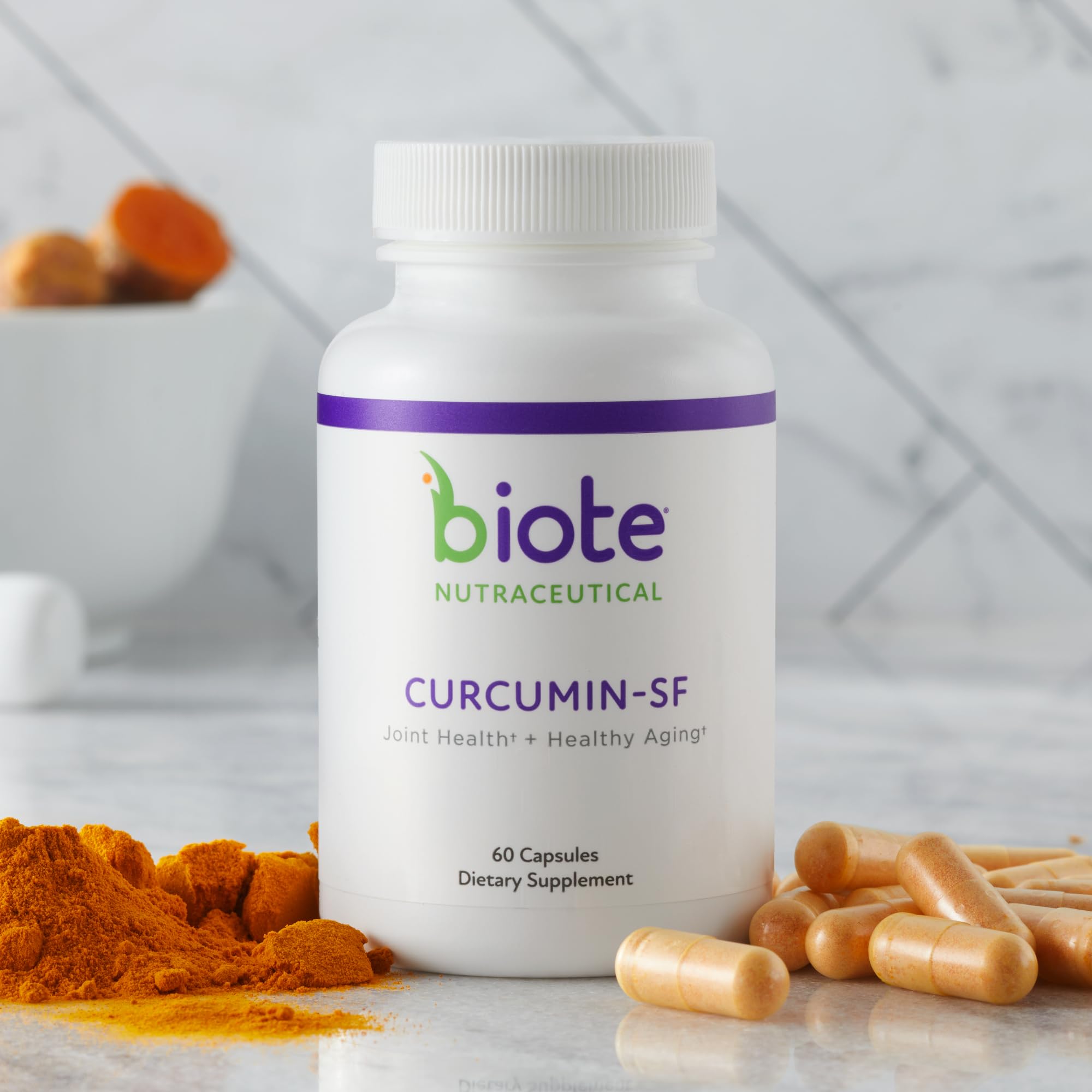 Close up of Biote Curcumin SF supplement bottle label details