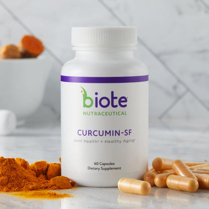 Close up of Biote Curcumin SF supplement bottle label details