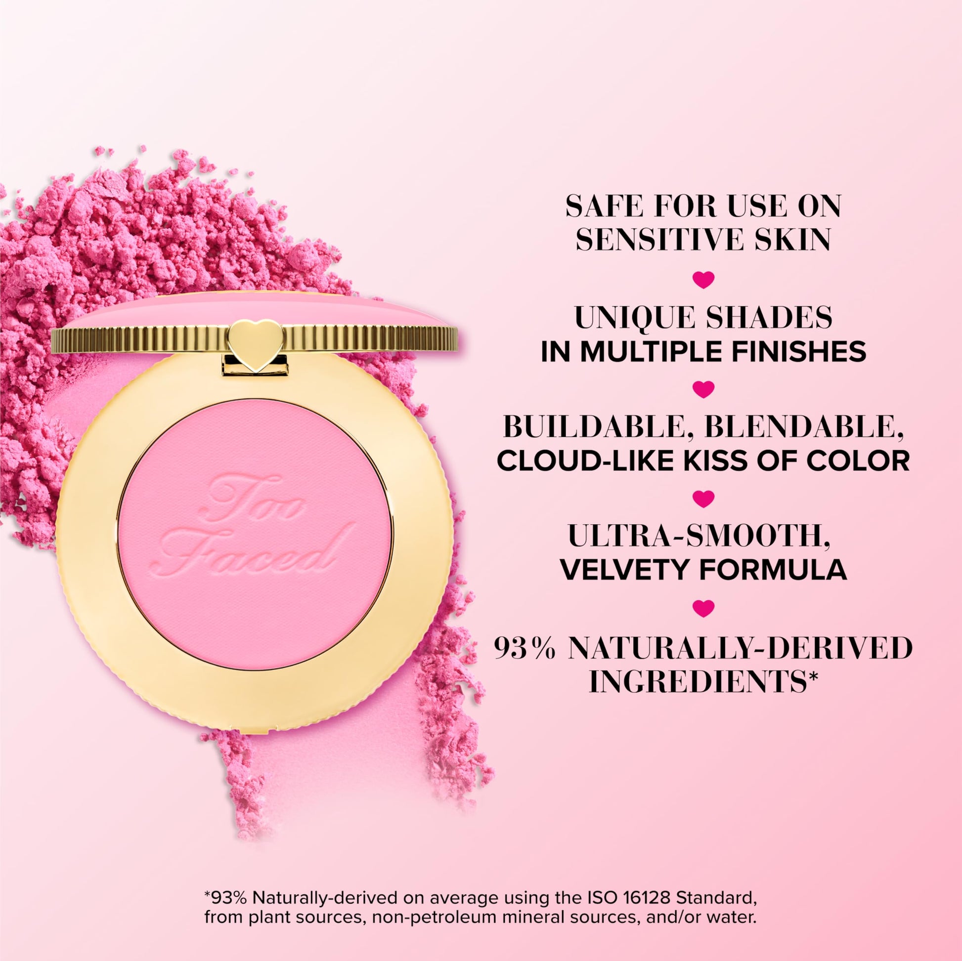 Too Faced velvety second skin powder formula closeup of heart shaped clasp packaging