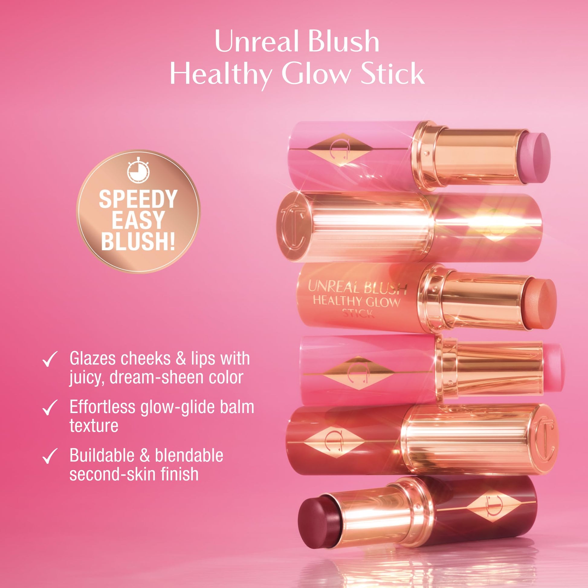 Hydrating cream blush stick showing twist up gold design