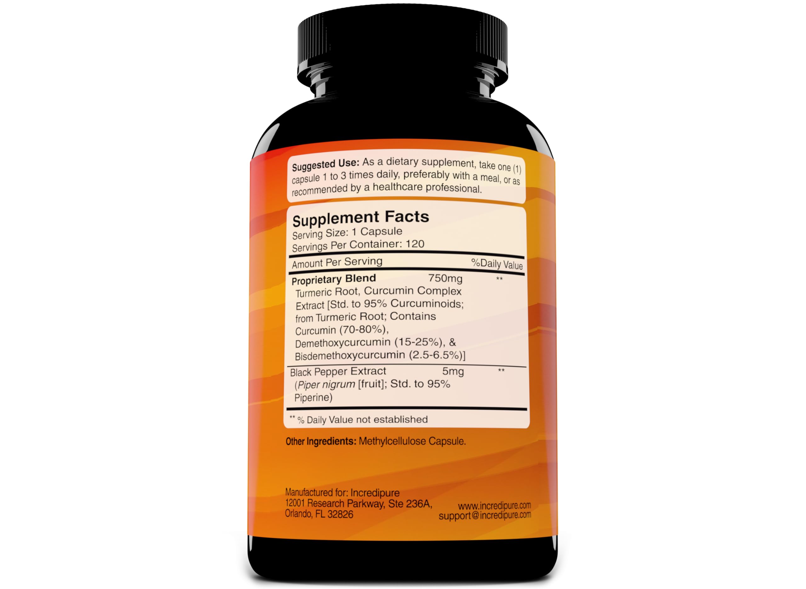 Incredipure Turmeric 120 vegetarian capsules label details