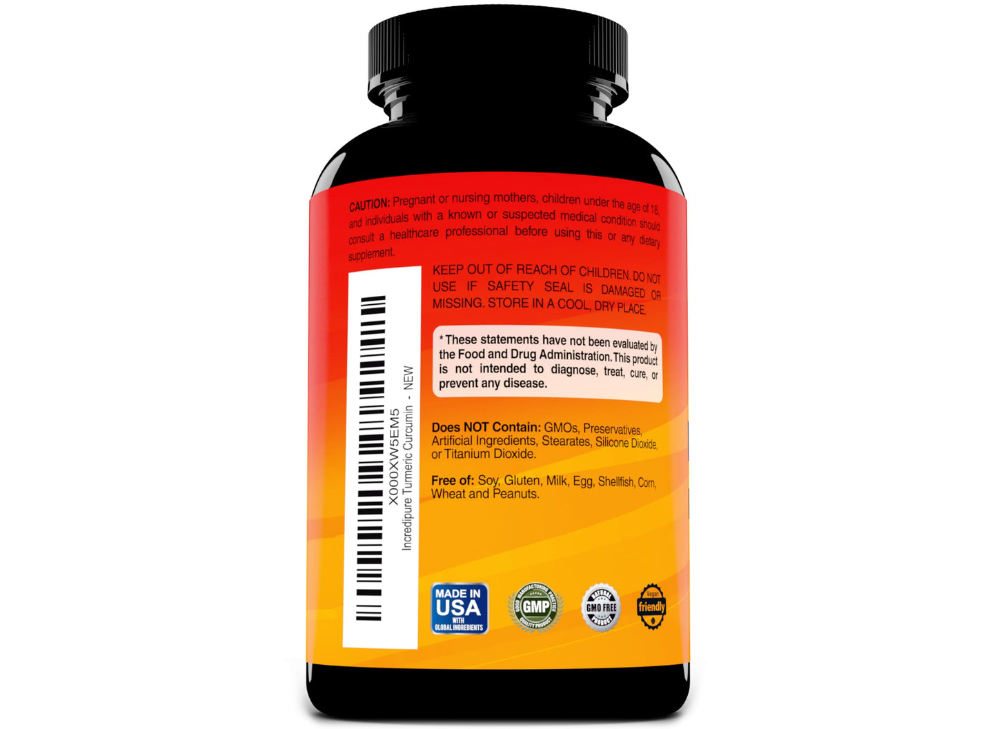 Side view of Incredipure curcumin supplement bottle
