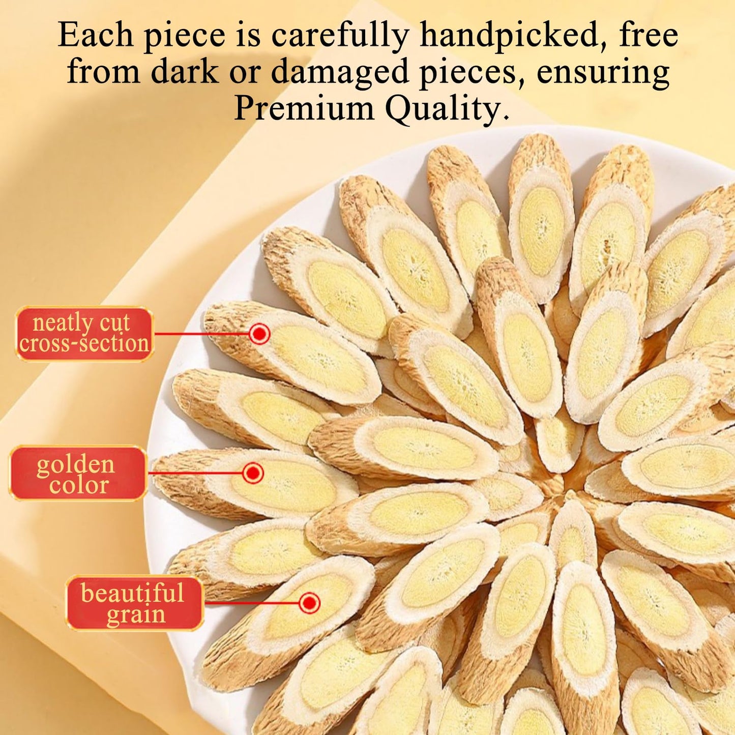 Linwire DOZO Huang Qi root slices spread out showing clean diagonal cuts.