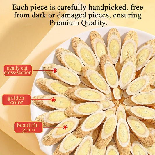 Linwire DOZO Huang Qi root slices spread out showing clean diagonal cuts.