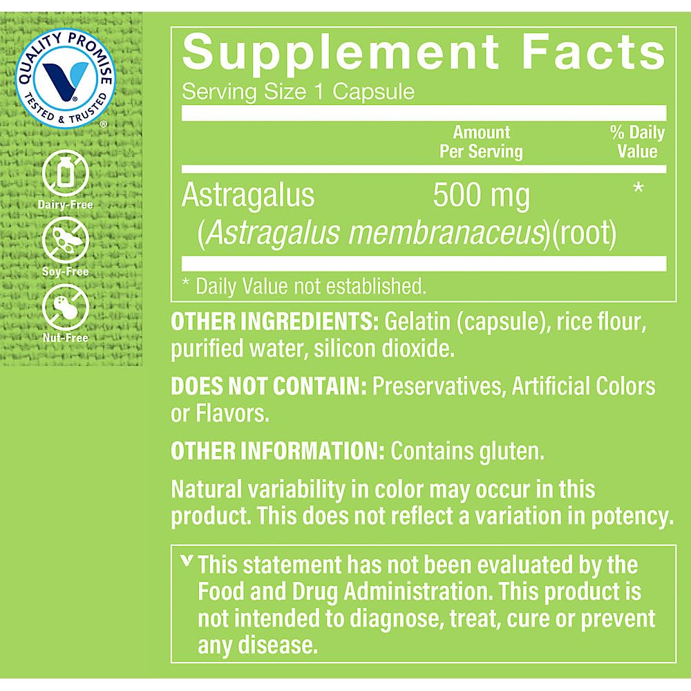 The Vitamin Shoppe Astragalus Root herbal supplement bottle showing dosage instructions and nutritional facts