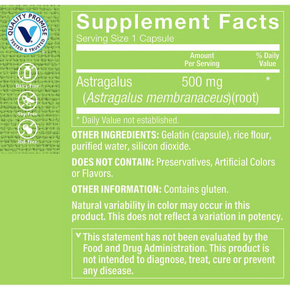 The Vitamin Shoppe Astragalus Root herbal supplement bottle showing dosage instructions and nutritional facts