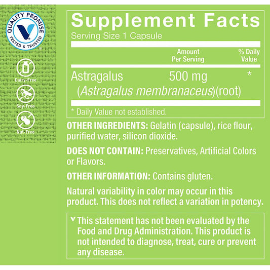 The Vitamin Shoppe Astragalus Root herbal supplement bottle showing dosage instructions and nutritional facts