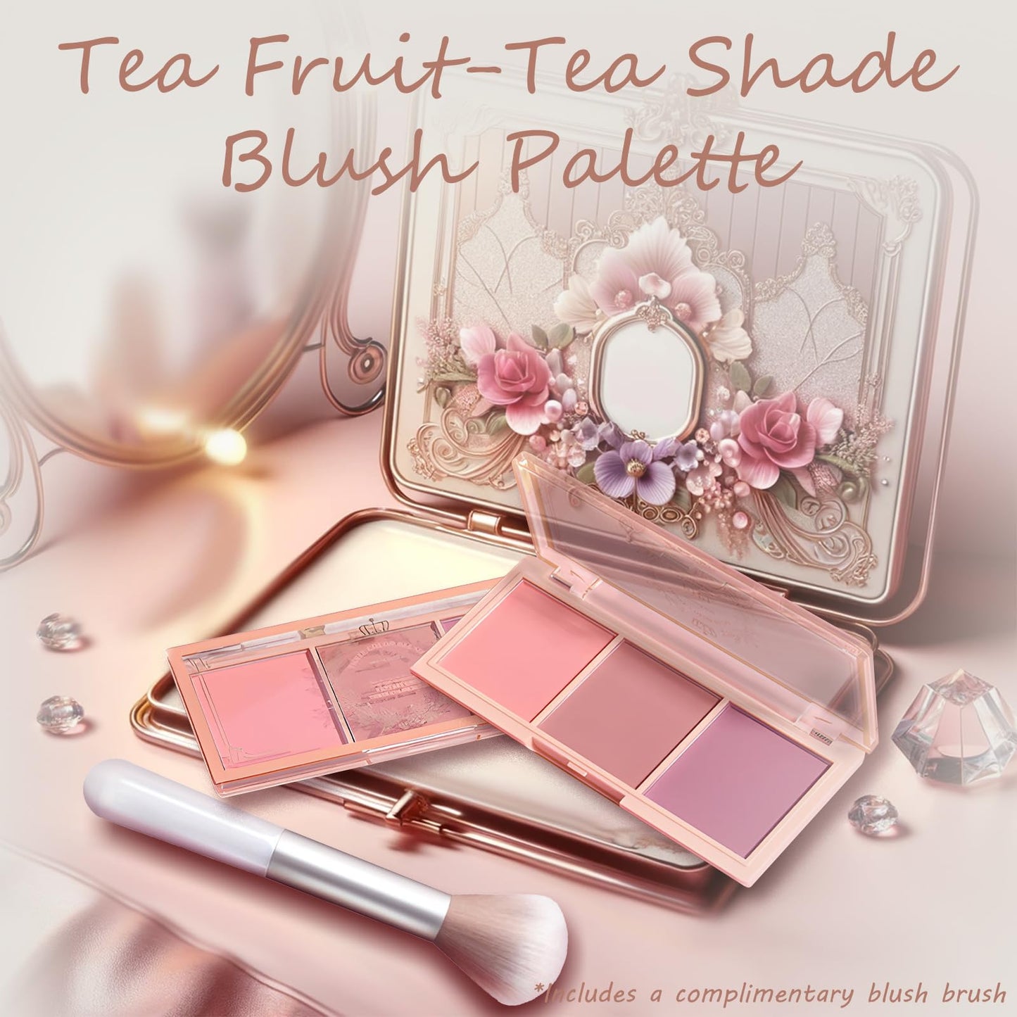 Three shade long lasting pink powder blush compact opened showing textures
