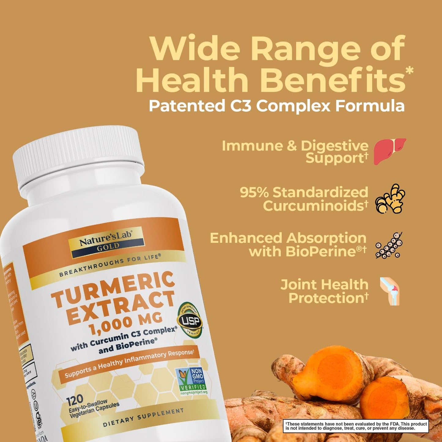 Side view of Nature's Lab Turmeric supplement bottle showing ingredients