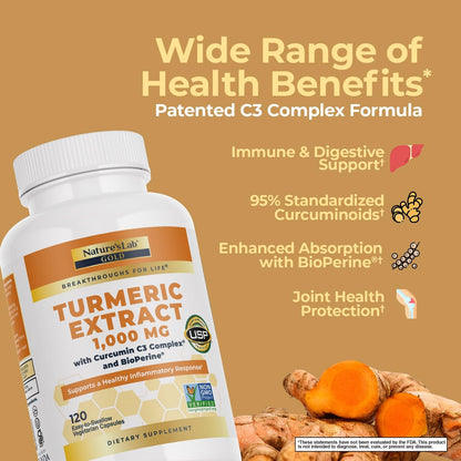 Side view of Nature's Lab Turmeric supplement bottle showing ingredients