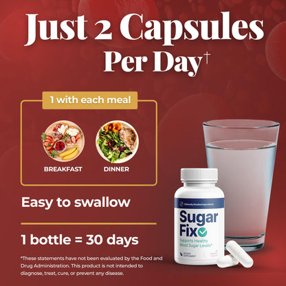 SugarFix dietary supplement bottle displaying nutritional facts and ingredients list