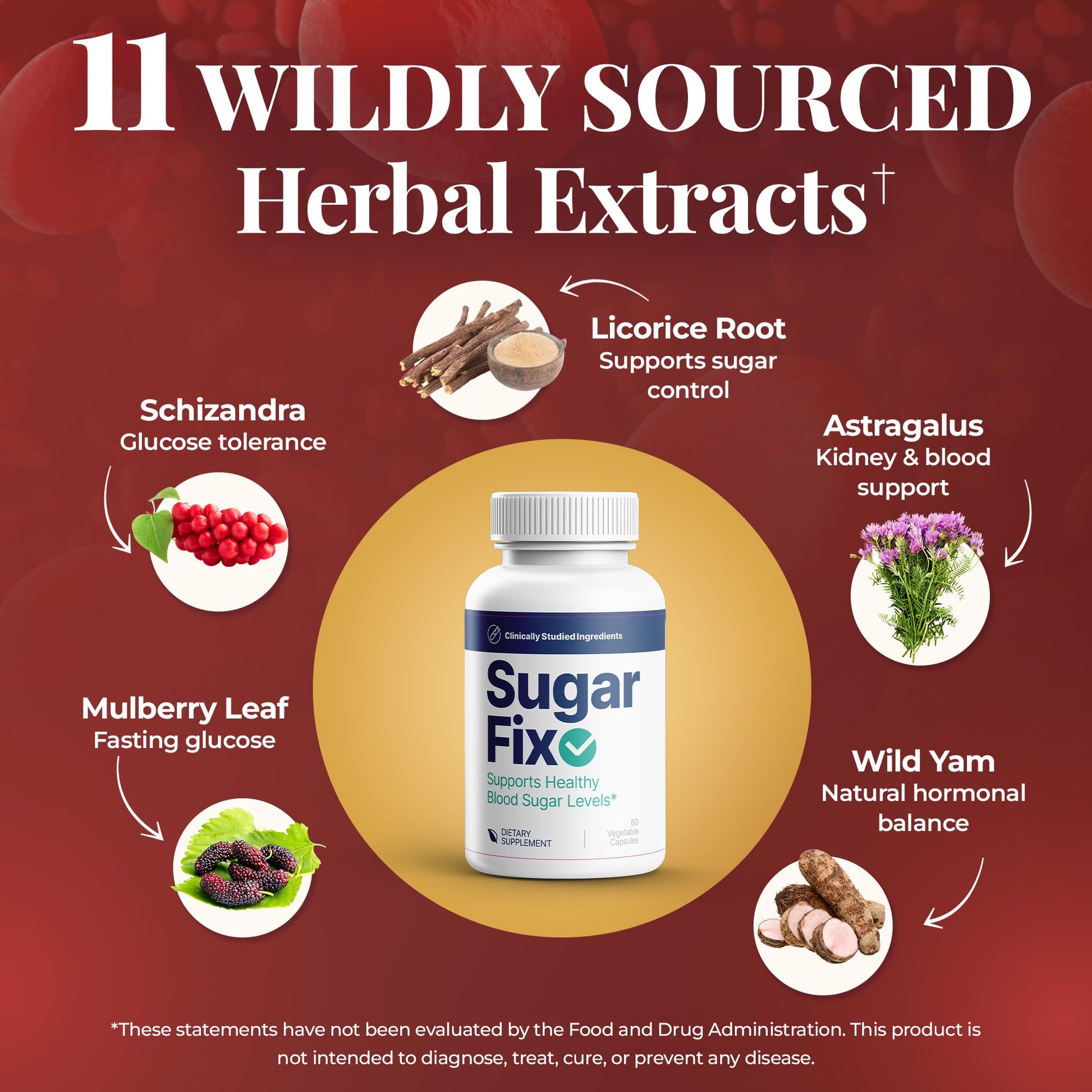 SugarFix metabolic health support bottle with eleven plant based extracts text
