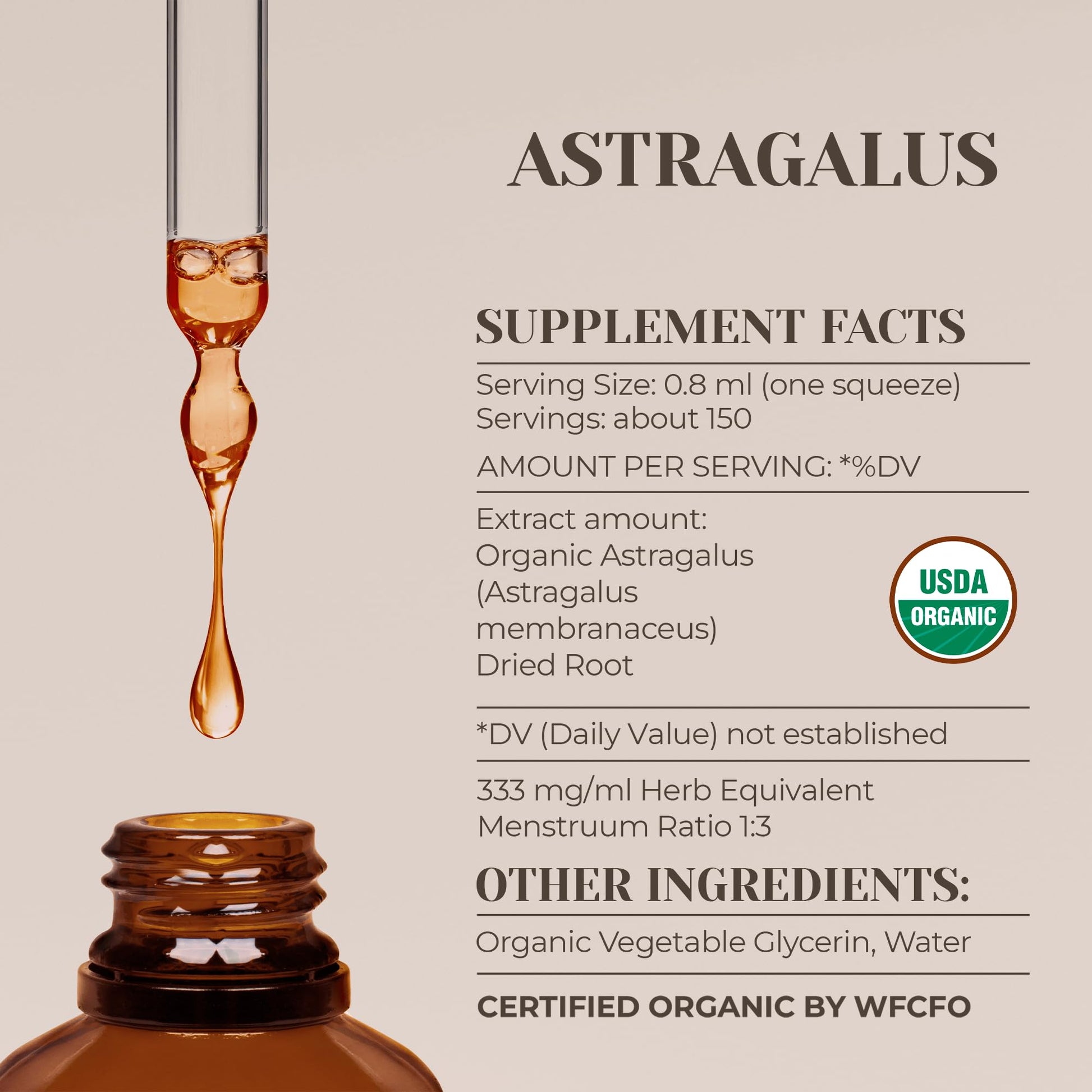 Side profile of the 4 fluid ounce bottle highlighting the non GMO and alcohol free liquid extract facts.