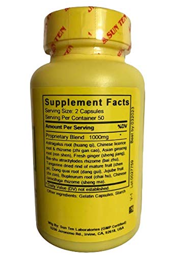 Side view of Sun Ten Bu Zhong Yi Qi Tang supplement bottle highlighting traditional formula details.