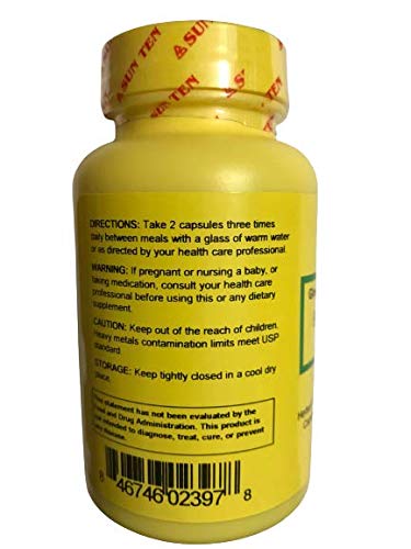 Close up of the supplement information and capsule count on the authentic Sun Ten bottle.